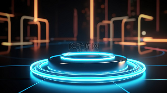 科技讲台背景图片_发光的霓虹灯圆圈平台，用于在抽象技术背景下以 3D 形式展示产品