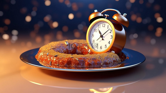 3D 渲染中早餐钟形甜甜圈的时间