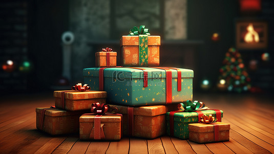 生日气氛背景背景图片_3D 圣诞老人渲染为圣诞礼物赠送增添节日气氛