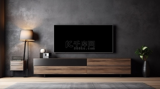 液晶电视背景图片_现代电视显示宽敞的房间，配有时尚的 LSD 电视漂亮的木地板和深色墙壁装饰 3D 渲染