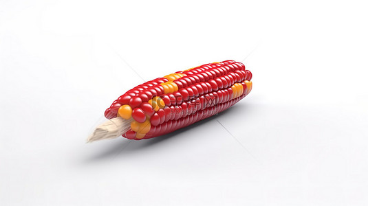 白色背景上扁平实心红色街头玉米的 3D 渲染图标，代表健康膳食