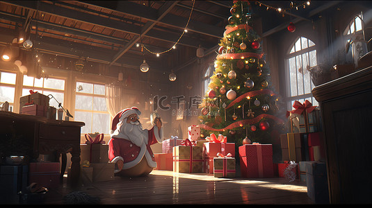 节日场景 3d 圣诞老人在包裹的礼物和装饰品中装饰圣诞树