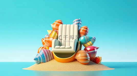 空间漂浮背景图片_夏季有趣的沙滩玩具贝壳人字拖和带复制空间的沙滩椅的插图