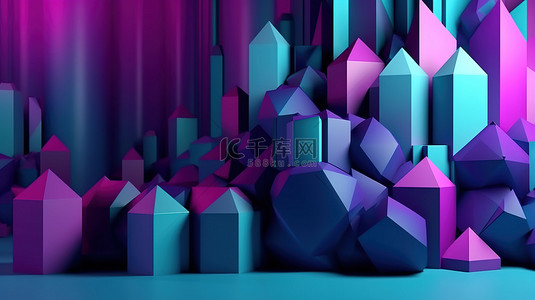 广告蓝色几何背景背景图片_产品展示广告以 3D 渲染中抽象紫色和蓝色几何背景为特色