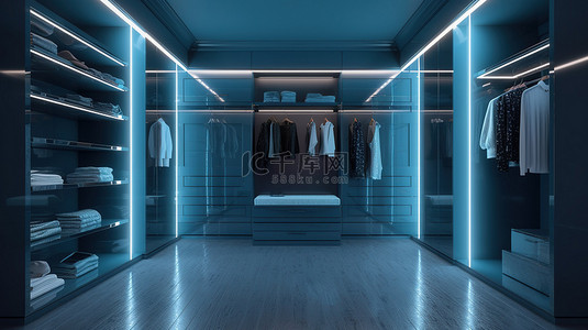 蓝色主题现代豪华玻璃步入式衣橱 3D 渲染
