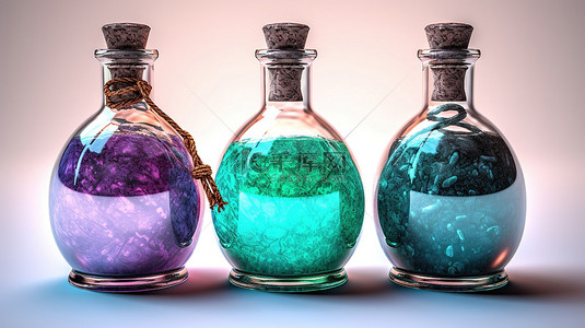 蓝绿色和紫色软木塞玻璃瓶的 3D 插图，里面装满了迷人的药水