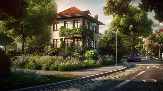 三层房子背景图片_城市景观，包括三层小住宅以及周围道路和景观的详细 3D 渲染