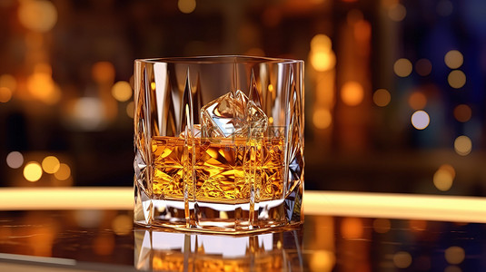 质朴的木制酒吧背景上光线柔和的威士忌酒杯，带有抽象散景灯 3D 渲染