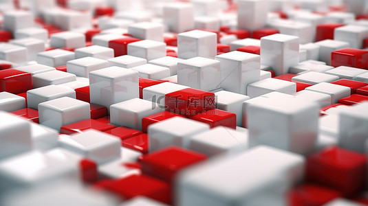 3D 渲染的抽象艺术品中明亮的白色立方体和大胆的红色几何形状