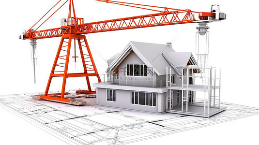 房屋3d背景图片_白色背景上带有卡尺和起重机的 3D 房屋建筑蓝图