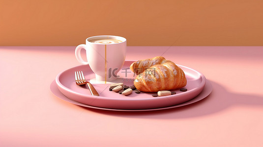 令人愉快的早餐套餐咖啡杯羊角面包和汉堡粉红色 3D 渲染与剪贴板