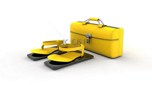 商务黄色人背景图片_带有黄色公文包人字拖和信用卡的孤立白色背景的 3d 渲染