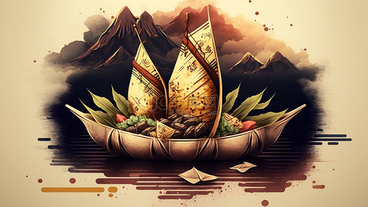 节传统文化背景图片_端午节粽子帆船只叶子