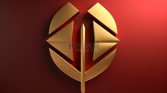 闪闪发光的红色和金色盘子上显示的箭头图标 3D 渲染的社交媒体符号