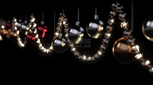 3d 渲染中的小玩意与黑色背景上的发光花环相连，并留有文字空间