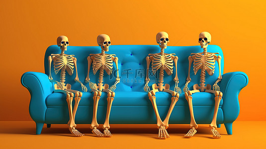 三个蓝色骷髅在 3d 渲染中坐在橙色沙发上，背景是鲜艳的黄色