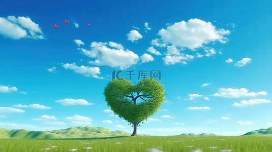 叶子爱心背景图片_清澈的蓝天下，郁郁葱葱的绿色田野中，生态友好的爱心形树