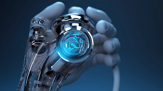 医疗技术概念中 3D 渲染机器人或机器人手持有的听诊器