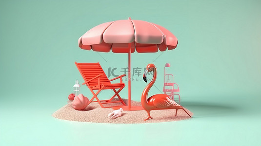 充满活力的夏日场景，以火烈鸟漂浮沙滩椅和雨伞 3D 渲染为特色，带有复制空间