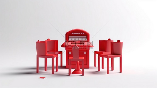 桌子中央的红色邮箱，周围环绕着白色背景 3D 渲染的椅子