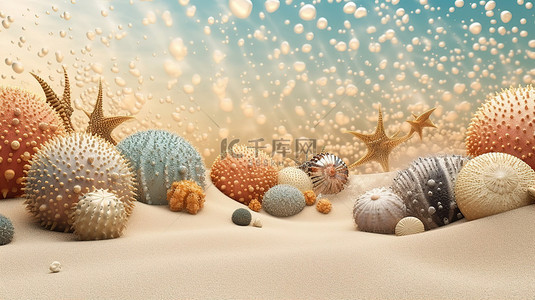 海洋的纹理背景图片_3D 渲染的海洋生物背景，以海胆壳珊瑚和气泡为特色