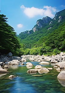 流淌水背景图片_沿着有岩石的森林山脉流淌的河流