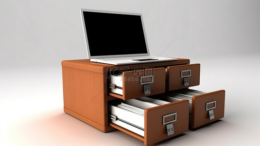 办公系统移动端背景图片_独立笔记本电脑和文件柜组合的 3D 渲染