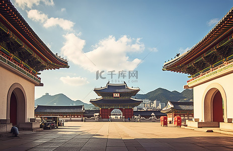 靠近山的韩国传统城市