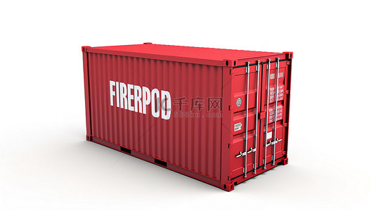 白色背景上的全球交付符号 3D 渲染深红色集装箱，提供免费送货服务