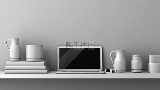 灰色手机背景图片_灰色墙架，配有笔记本电脑智能手机和平板电脑，水平视图 3D 插图