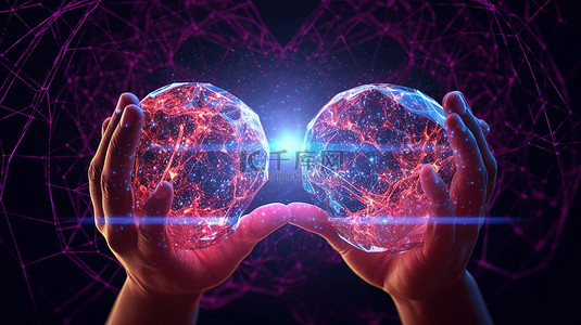 金融科技大数据背景图片_虚拟现实的元宇宙 3D 手在大数据网络中结合在一起