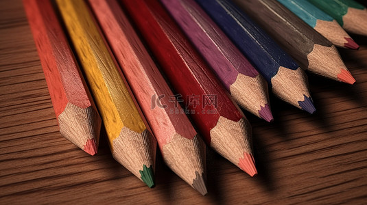 3D 渲染中的木制彩色铅笔