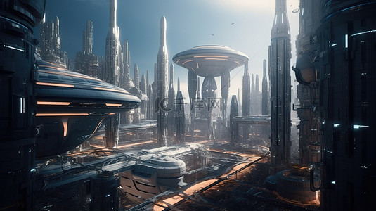 科幻城市背景图片_以 3d 呈现的未来派城市和宇宙飞船