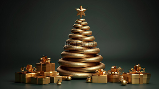 金丝带盘绕金属圣诞树，配有 3D 礼品盒装饰渲染插图