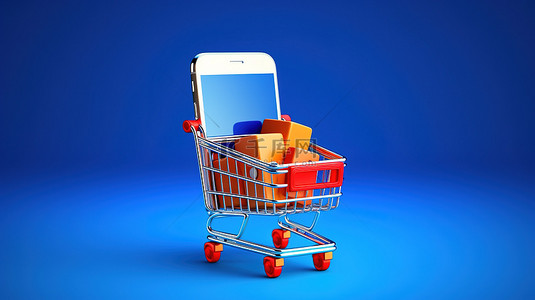 在线购物概念 3D 渲染蓝色购物车中的手机，并提供送货上门选项