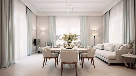优雅的客厅，具有装饰艺术风格，以古典风格照明，配有窗边餐桌 3D 渲染