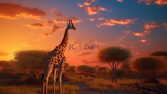 黎明城市背景图片_日落小夜曲 3D 渲染的长颈鹿