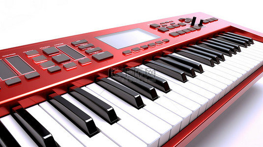 使用红色 midi 键盘在白色背景上特写合成键的 3d 渲染