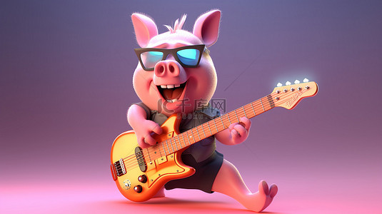异想天开的 3D 插图猪音乐家摇滚