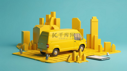 电话框背景图片_从 3D 智能手机黄色货车中提取，具有蓝色背景上的位置图标和框