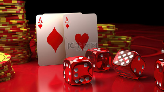 游戏海报模板背景图片_金色皇冠和红色骰子装饰扑克牌在 3d 渲染与赌场背景完美的赌博模板与剪切路径