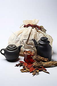 中茶壶背景图片_白色背景中的一个茶壶和旁边的一个袋子