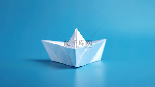 蓝色表面上的最小折纸白船纸非常适合商业概念 3D 插图渲染