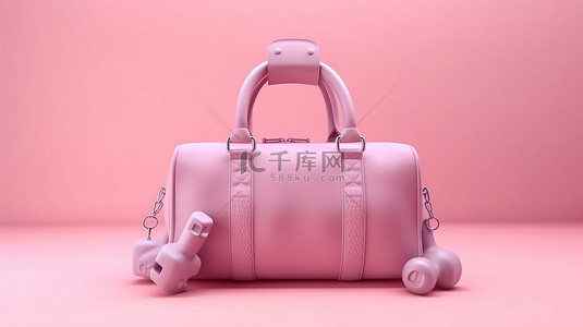 时尚 3D 渲染健身柔和的粉红色和非常 peri 背景与运动包瓶和哑铃