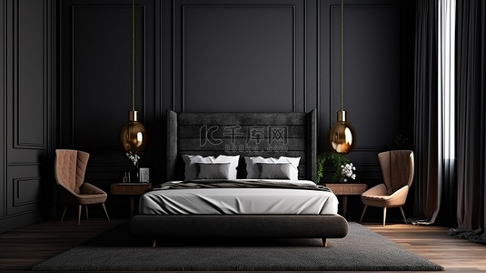 带黑墙的豪华优雅卧室的 3D 渲染