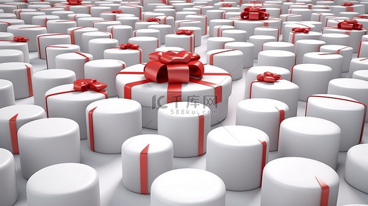 饰带背景图片_背景下饰有红丝带的白色礼品盒圆形排列的横向透视的 3D 渲染