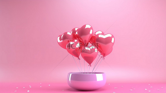 3D 渲染的情人节背景上粉红色气球海洋中的特殊心形气球