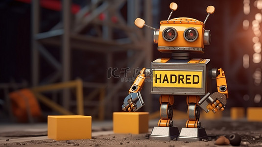 机器人工程师概念 3D 渲染锡玩具机器人，带有“正在建设”标志