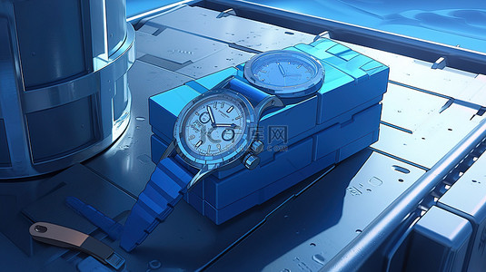 3d 渲染中带有蓝色纸板箱的计时器