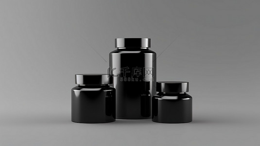 黑色化妆品背景图片_黑色化妆品瓶管和罐容器样机模板上带有空白标签的光泽反射表面的 3D 渲染